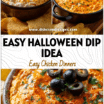 Warm Halloween Buffalo Chicken Dip served in a crockpot surrounded by chips for a festive party table.